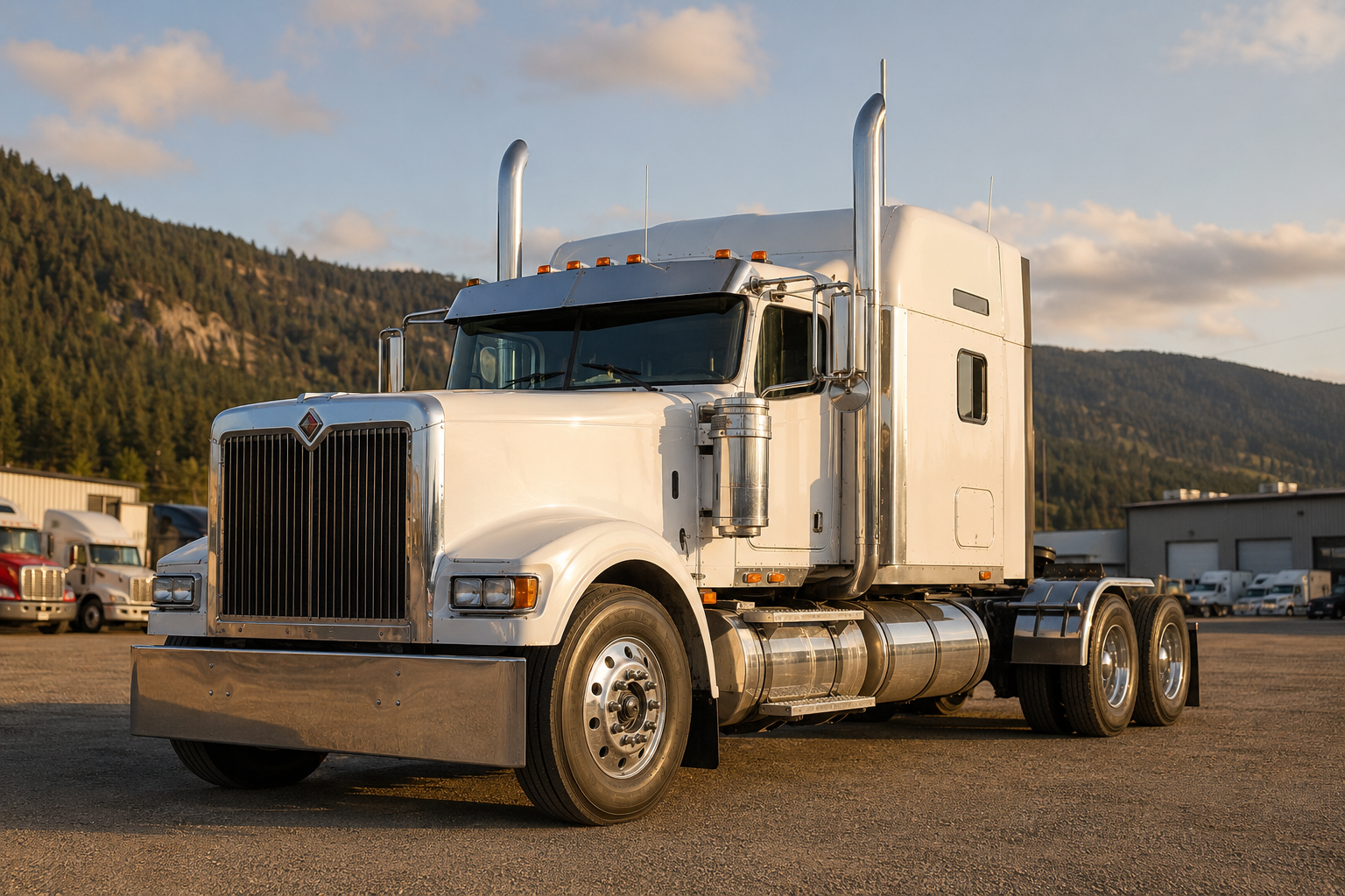 White International 9900 long-hood tractor in a Canadian truck yard